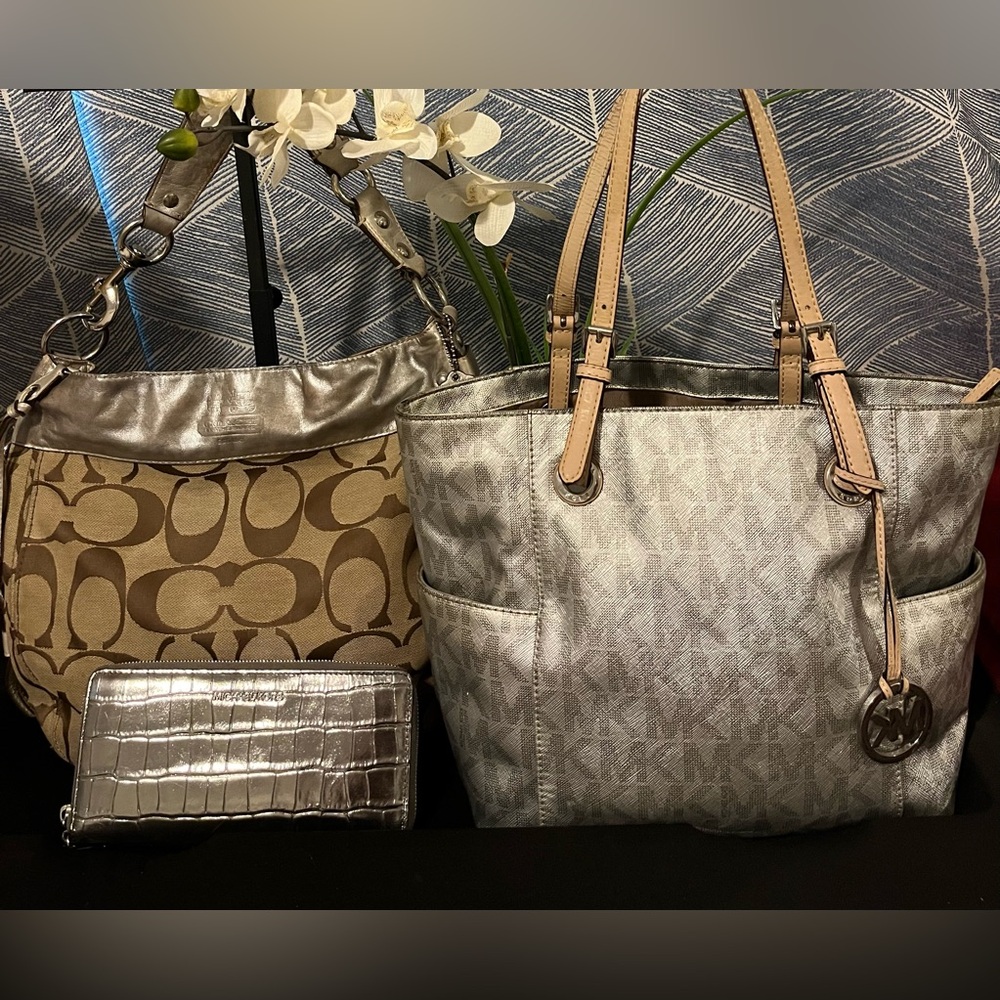 Coach Shoulder Bag and MK Silver Tote and Reptile Wallet Bundle